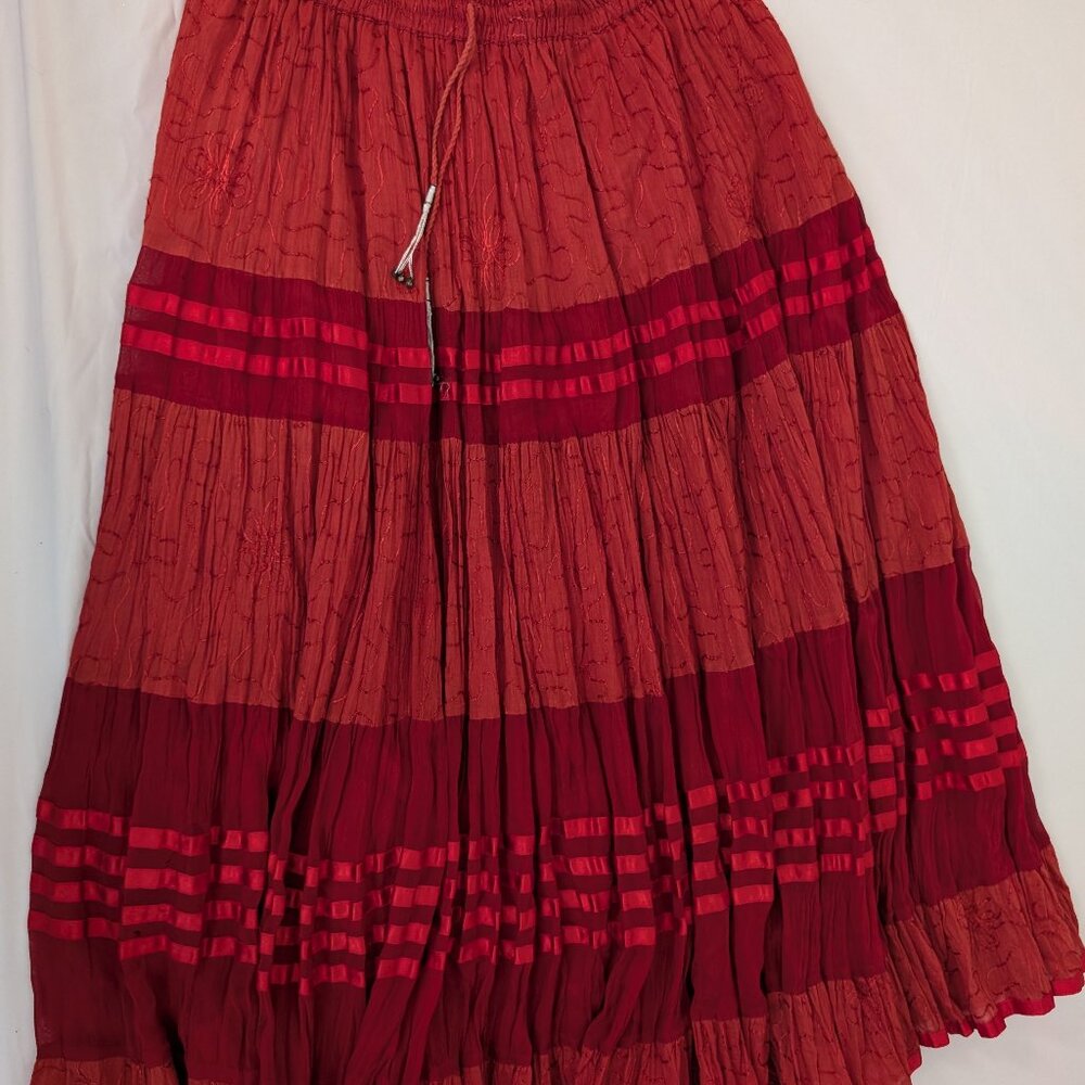 Silverstream red boho maxi long ribbon skirt one size